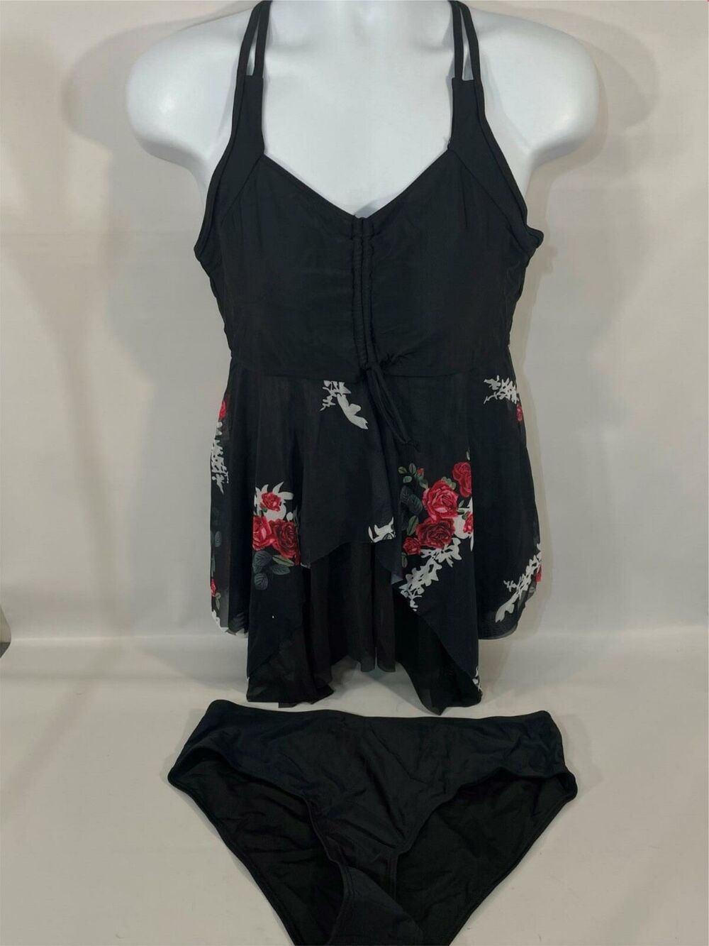 Century Star Womens Tankini L Black Red Floral Roses